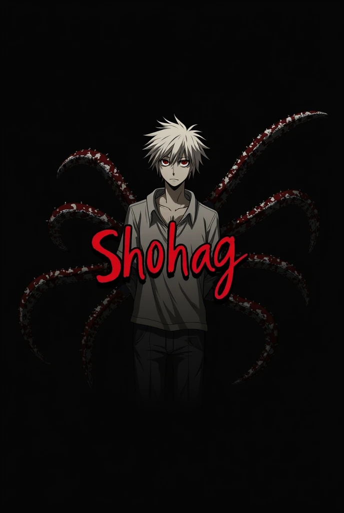 A black wallpaper, background with anime character (denji on chainsaw man anime), on the meddle give a name ( shohag) with blood