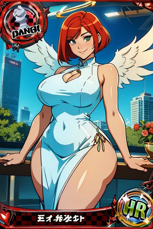 trading card, angel, sexy pose, big breasts, curvy, smile, bob haircut, sexy china dress, redhead, big pigeon wings, halo