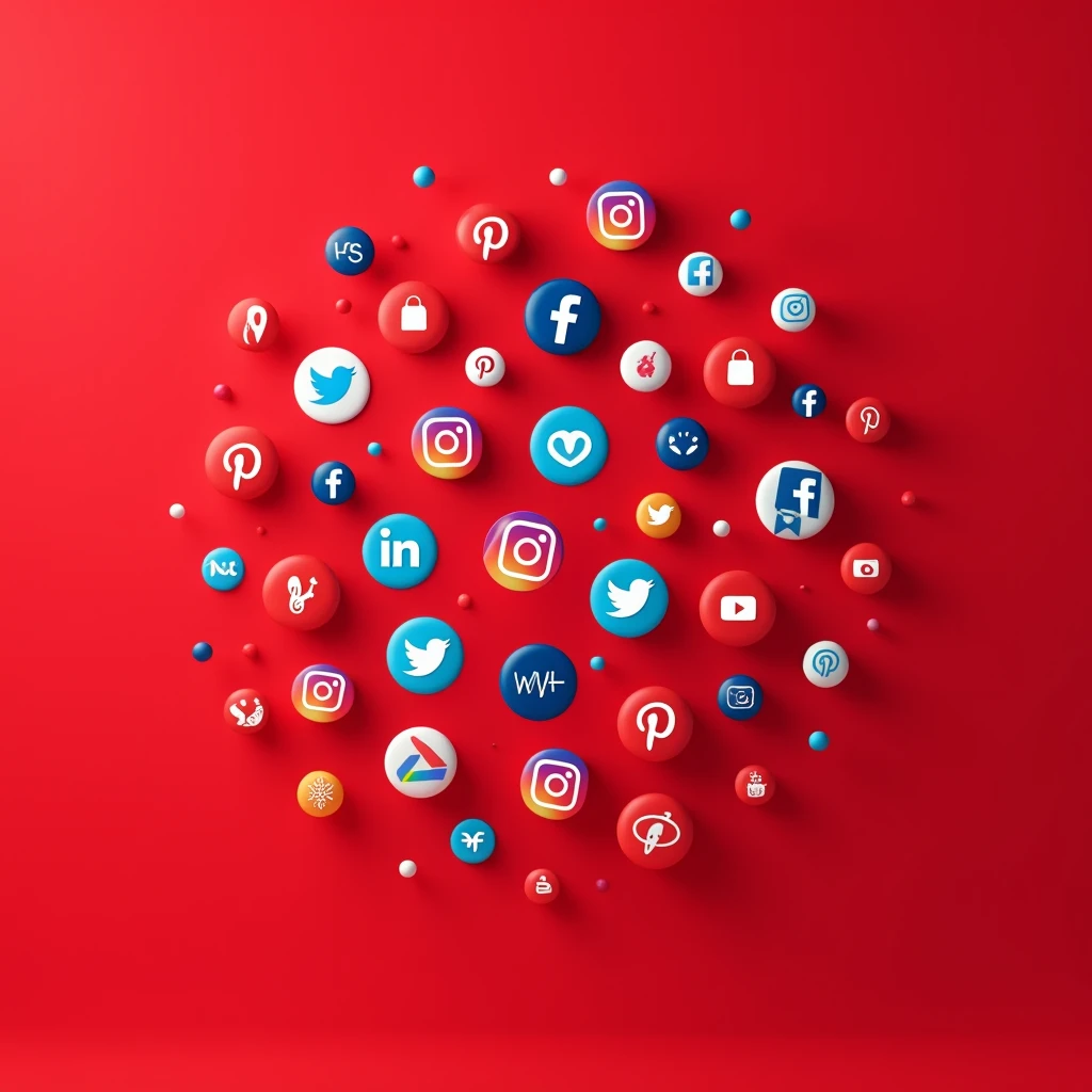 Social media icons in a scattered and beautiful way with a red background without distortion