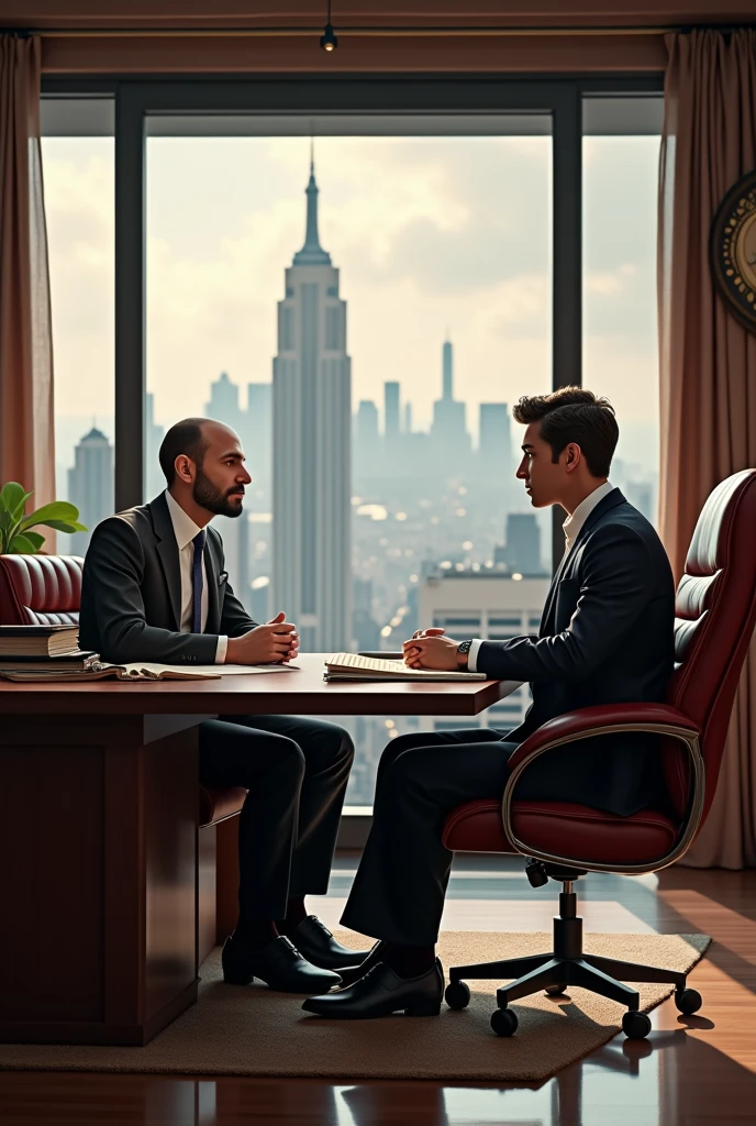 A young 2 CA in Luxurious CA Firm office sitting on chair talking with Luca Pacioli (founder of Accounting) sitting in front realistic image
