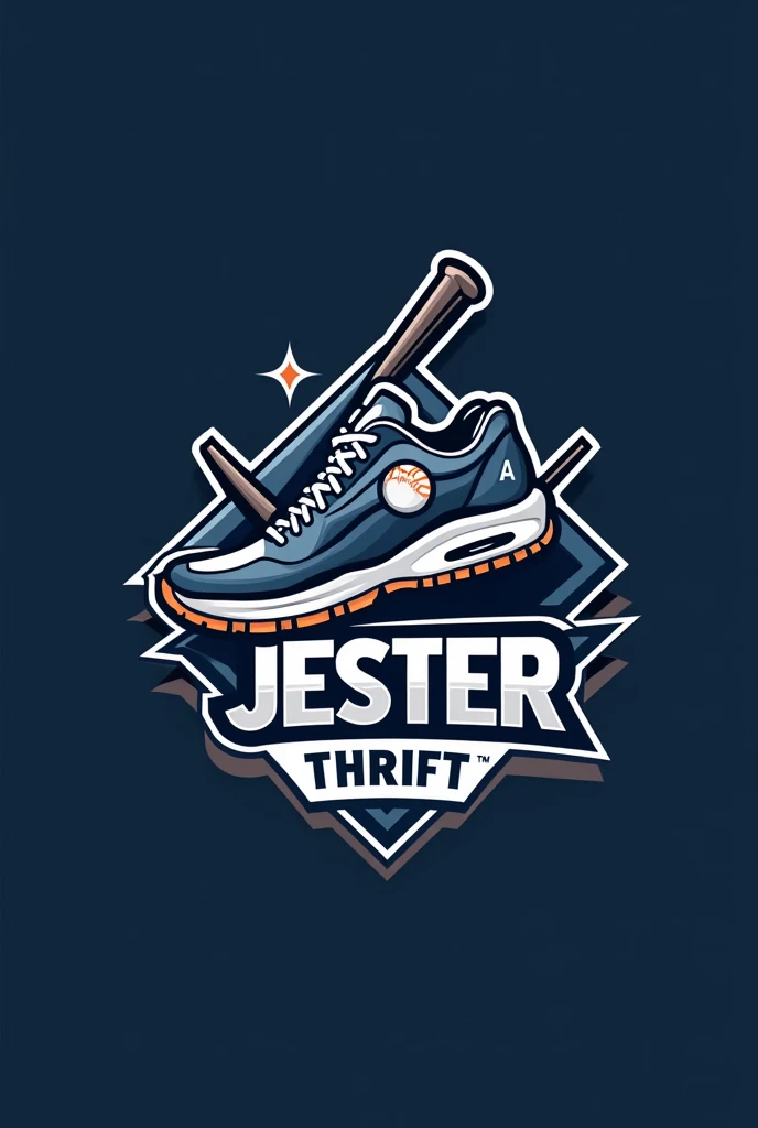 "Design a modern and dynamic store logo for a team named 'Jester Thrift'. The logo should feature a Sneaker theme, with a bold and energetic design. Include elements like a Sneaker, ball, or stumps subtly integrated into the design. The color scheme should be a mix of dark blue, silver, and white to convey power and agility. The team name 'Jester Thrift ' should be prominently displayed in a stylish, sporty font. The overall look should be sharp, professional, and suitable for a store ads and merchandise."