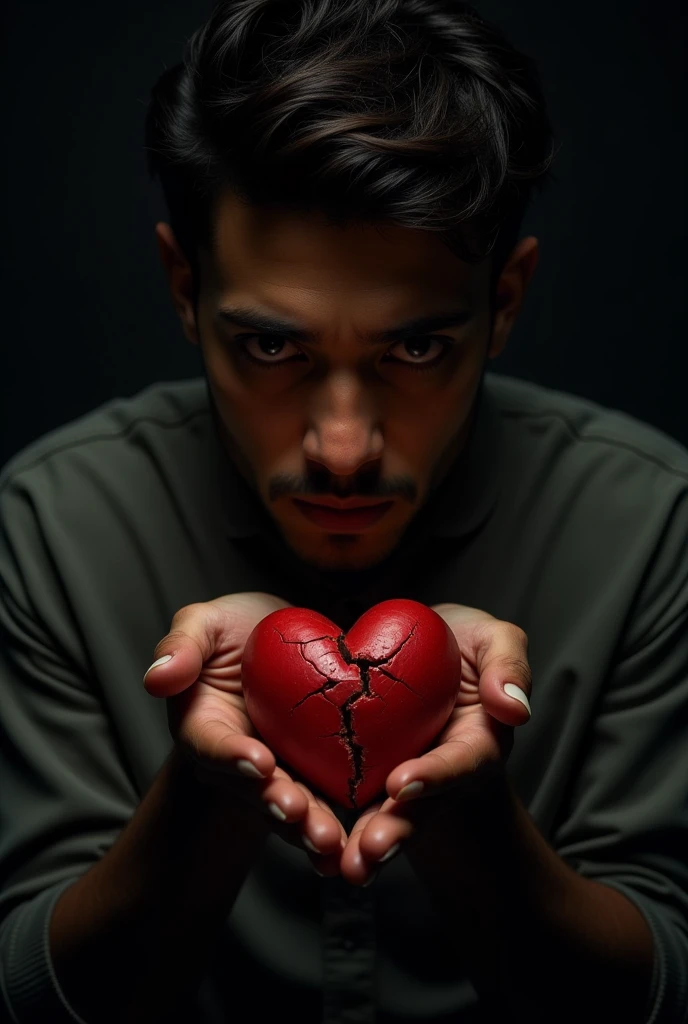 Young brown-skinned man holding a sad broken heart in a dark place