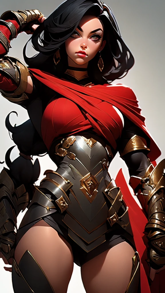 (masterpiece), best quality, expressive eyes, perfect face(masterpiece), best quality, expressive eyes, perfect face, Female warrior, very short black hair, scar on left eye, bronze skin, red lips, amber eyes, muscular, wide hips, large breasts, holding a sword, red cape torn shoulder, arm sleeves, belt on legs, steel plate boots, steel plate gauntlets, chocker, breast plate, pussy plate, body scars, standing, arm armor, leg armor, half naked