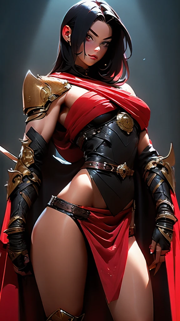 (masterpiece), best quality, expressive eyes, perfect face(masterpiece), best quality, expressive eyes, perfect face, Female warrior, very short black hair, scar on left eye, bronze skin, red lips, amber eyes, muscular, wide hips, large breasts, holding a sword, red cape torn shoulder, arm sleeves, belt on legs, steel plate boots, steel plate gauntlets, chocker, breast plate, pussy plate, body scars, standing, arm armor, leg armor, half naked