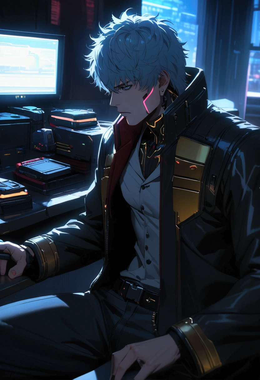 Sakata Gintoki from Gintama,Sitting on Workspace, Cyberpunk, Ultra-detailed