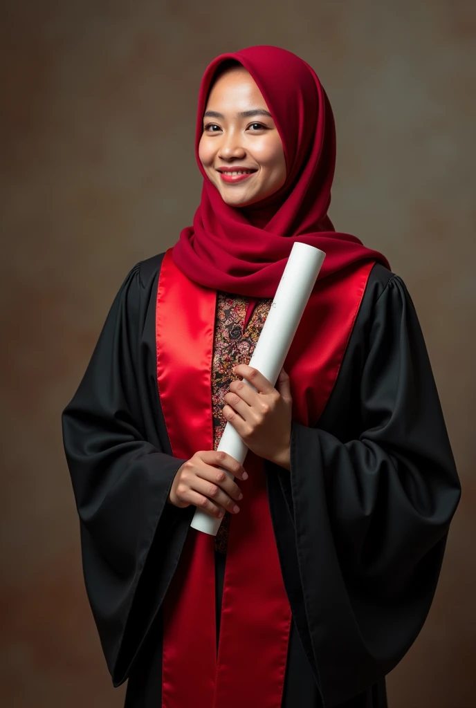 Consept art photography, fan art photography, a women, wearing hijab, pastel brown hijab, wearing black graduation hat, Wearing black graduation gown, wearing pastel blue graduation hood, cute pose, pastel brown theme background, forest background, pastel brown forest background, leaf effect, pastel brown leaf effect, pastel brown lighting effect, volumetric lighting, b, bright results, perfect  pose, infinity  art design theme