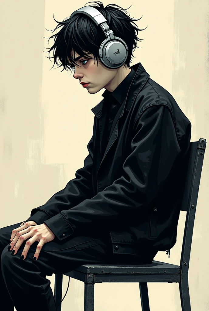 A gothic boy illustrated in a comic book style, with bold lines and dark, moody colors, sitting in profile on a chair, full body. The boy has pale skin, dark, messy hair, and is dressed in a black outfit with silver accessories, wearing large headphones over his ears. His eyes looking intently forward.