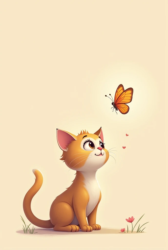 Simple cartoon of a cat with big eyes looking in wonder at a small butterfly