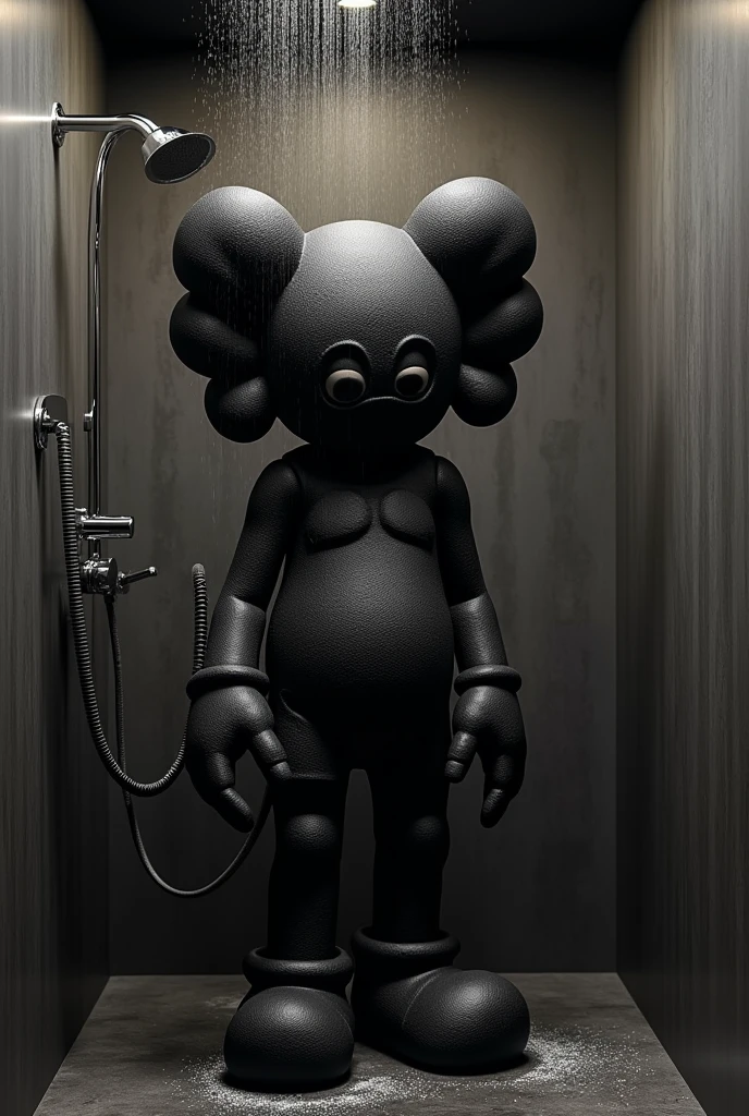 Create a very hyper realistic black kaws in bathroom getting showering