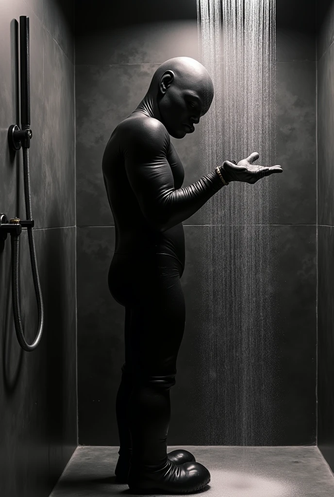 Create a very hyper realistic black kaws in bathroom getting showering 