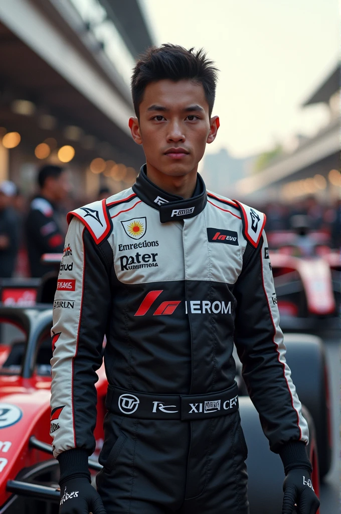Filipino f1 driver wearing black and white tracksuit.