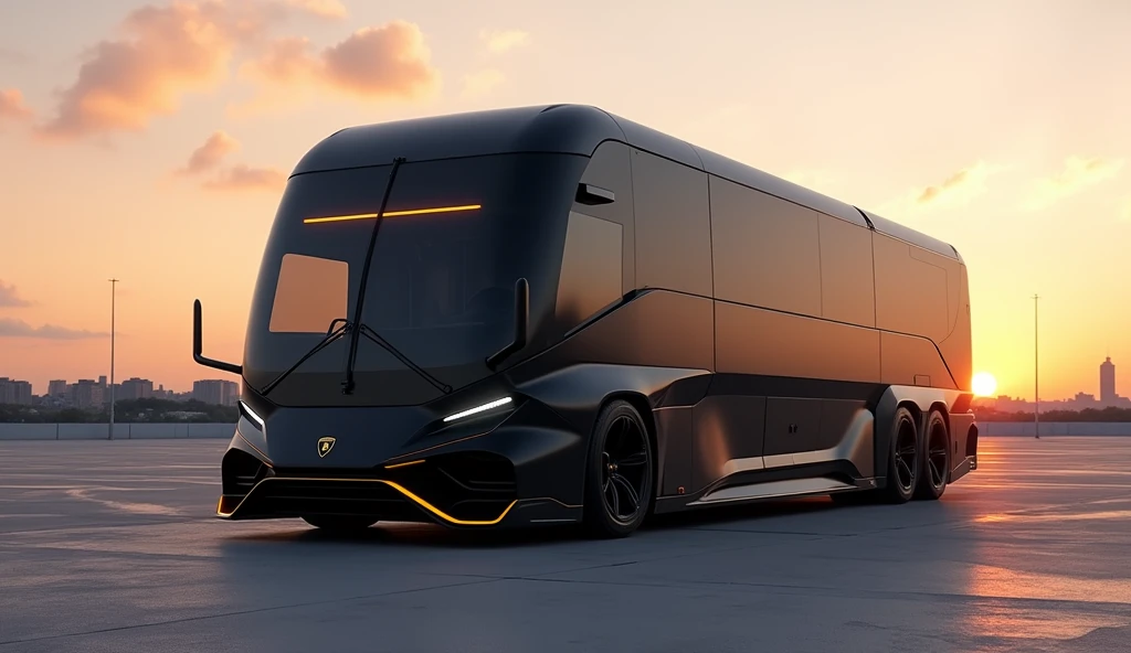 Double bus, noir matte formes arrondies, hyper sportif, grande calandre en v avec haillette, aucun rétroviseur, phare led allumé, fine bar de tout le long de la calandre, bas de caisse jaune matte, jantes bâton, roues avant tourner, trait distinctif lamborghini urus, dans ville de Paris, soleil couchant, immense esplanade, vitre sur teinté, sportif et racé, arrière coupé