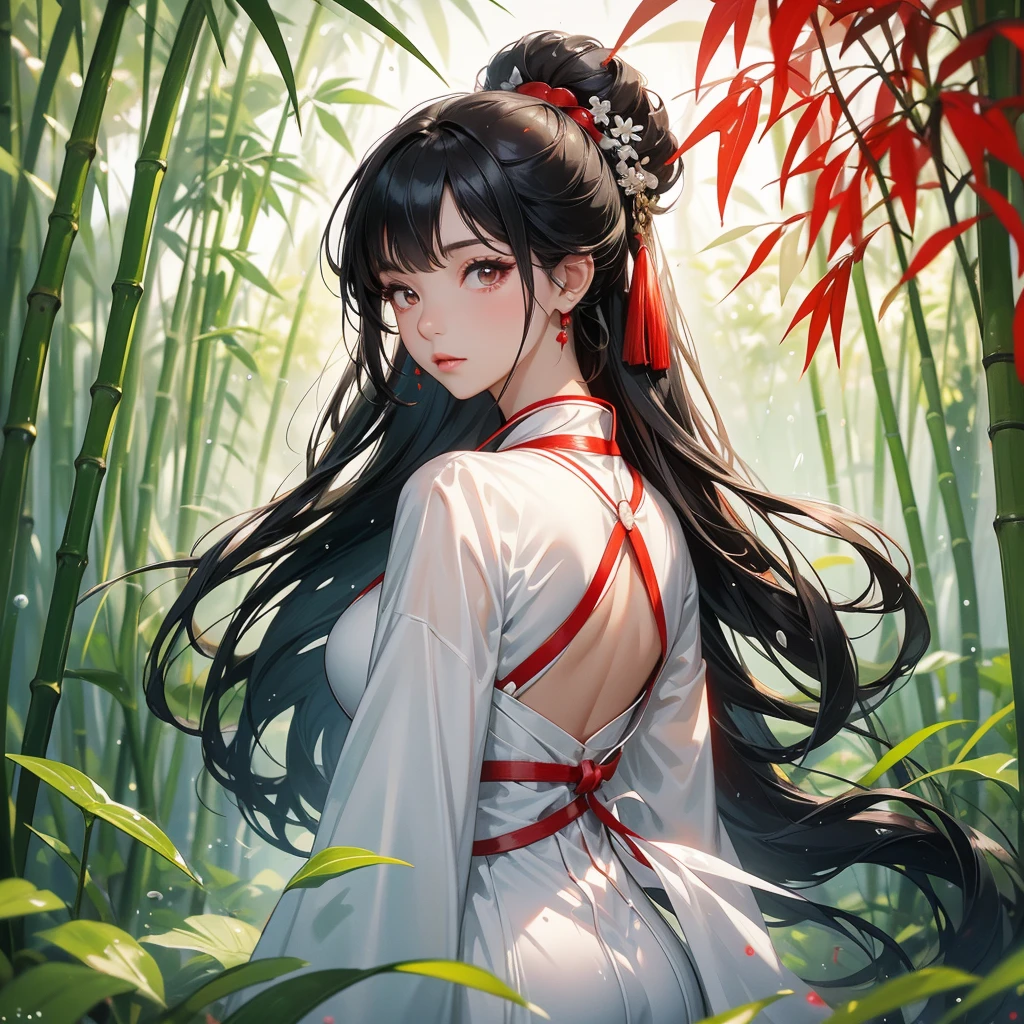 A black hair beautiful female in white-red hanfu dress , close up.
The back is a lush green bamboo forest. The air after rain has water droplets splashing around.