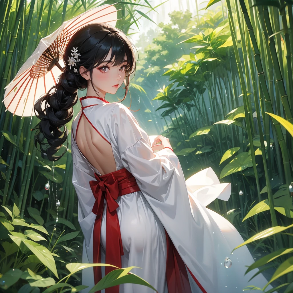 A black hair beautiful female in white-red hanfu dress , close up.
The back is a lush green bamboo forest. The air after rain has water droplets splashing around.