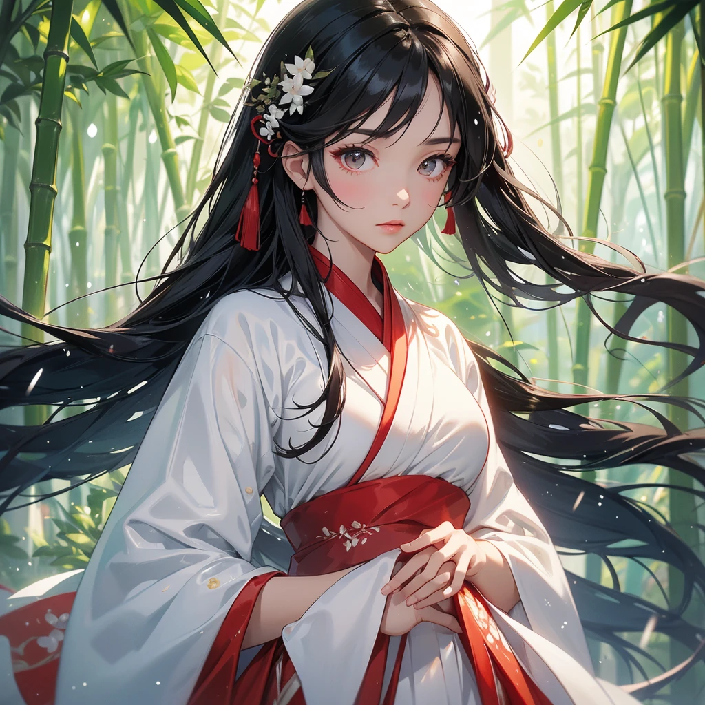 A black hair beautiful female in white-red hanfu dress , close up.
The back is a lush green bamboo forest. The air after rain has water droplets splashing around.