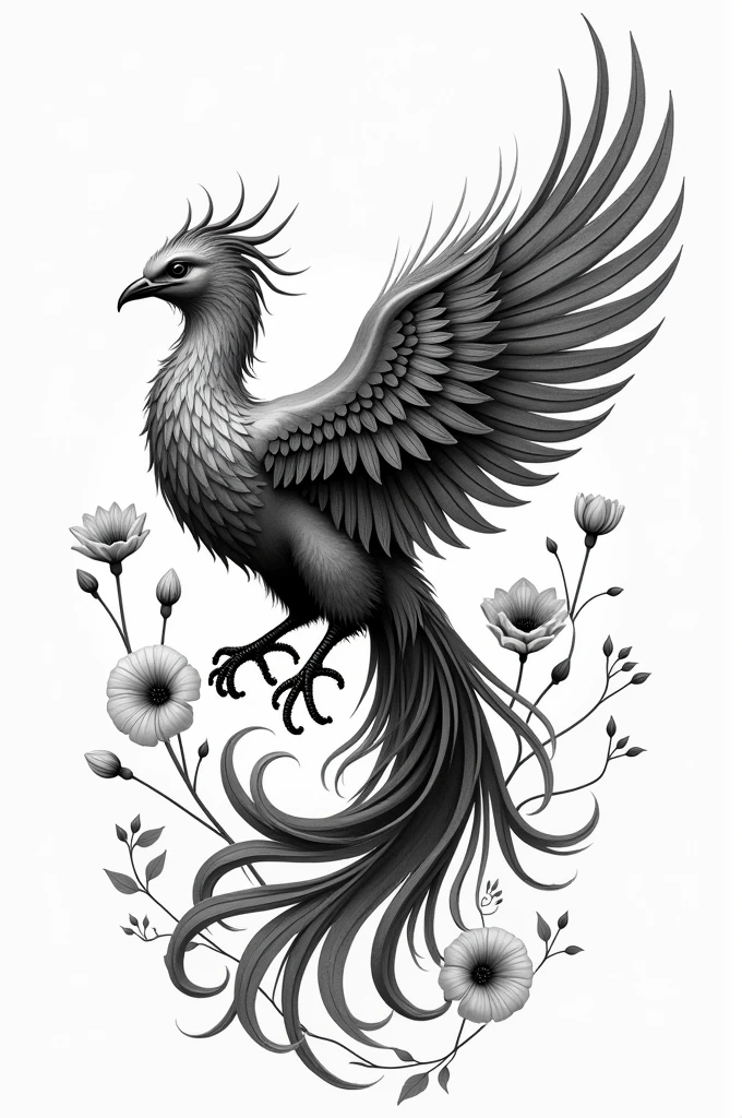 Phoenix on its side with several flowers in black and white
