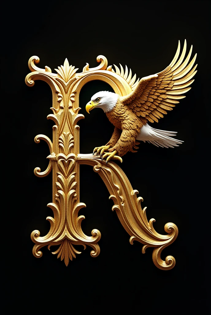 Create a large, golden, medieval-style letter R with half the body of a bald eagle emerging from the right side of the letter, hugging it with one wing. , all this on a black background