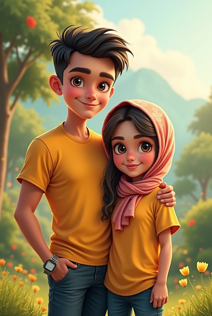 Make a picture of young boy and girl both wear teashart with names boy shart name Mr Haseeb and girl Shart Name is Maria Haseeb with beutifull bagraund girl head cover with scarf and boy head cover with cape boy braslet and watch boy like body bilder