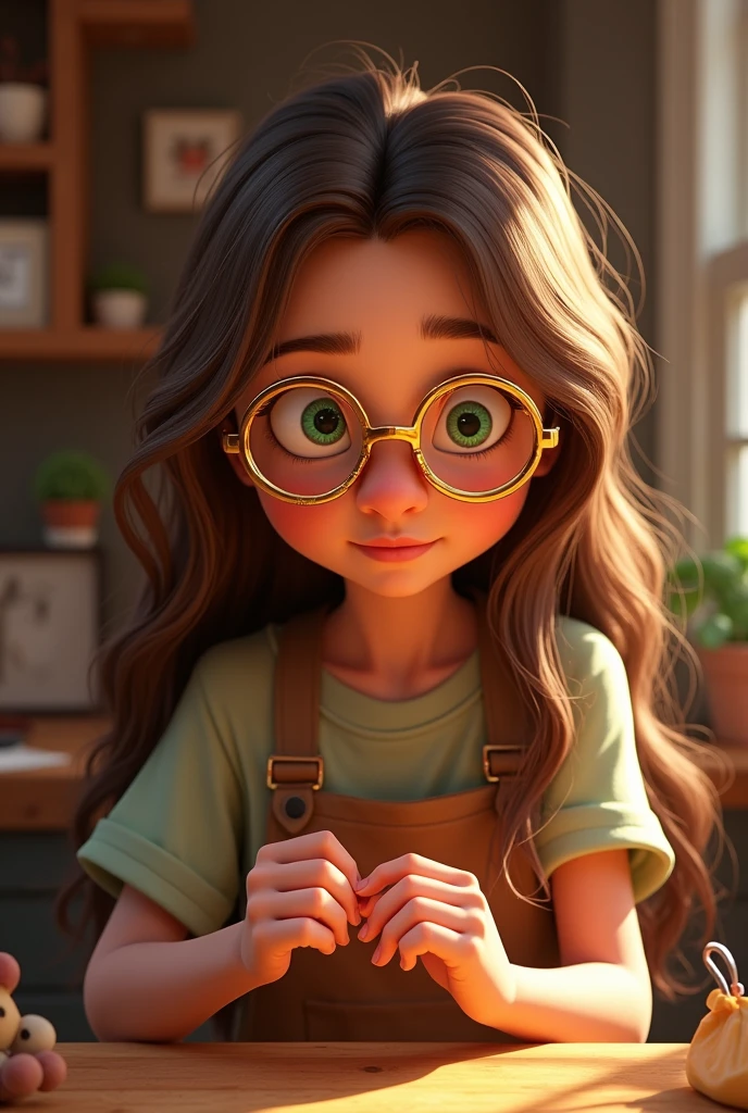 Pixar with long brown hair and green eyes wearing golden glasses making a bow