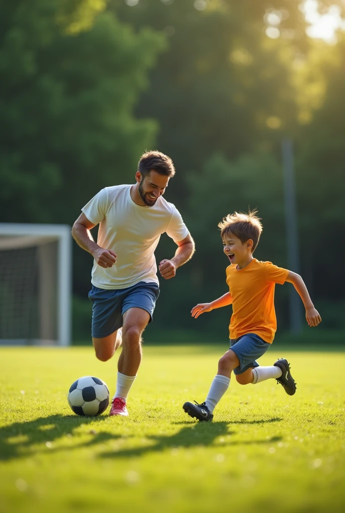 Realistic image of a father playing soccer with his son 