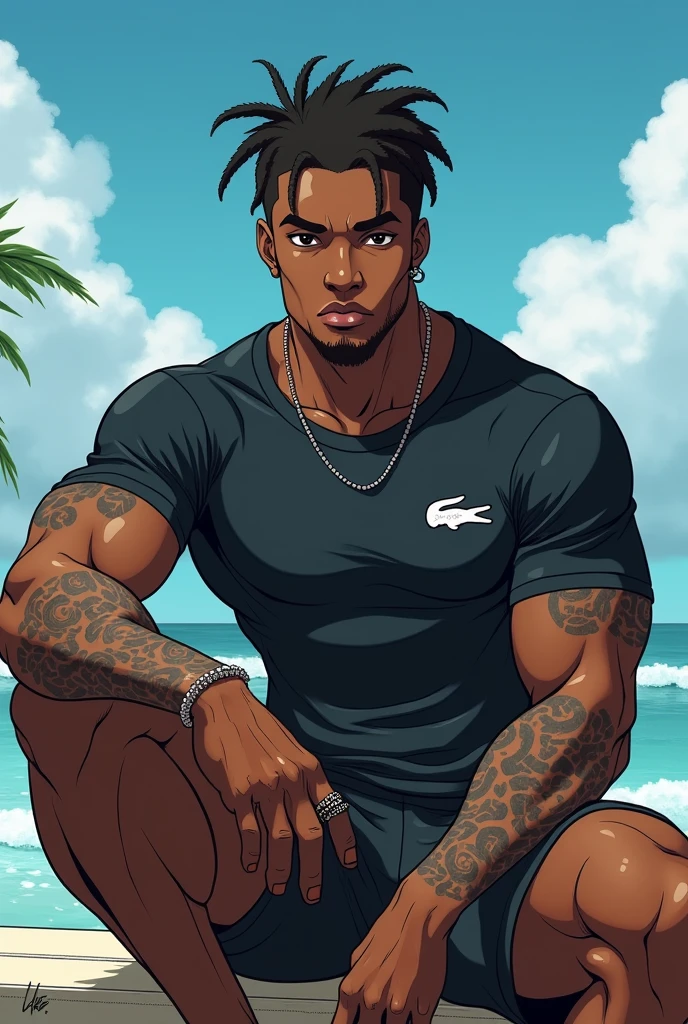 African American man with shiny black chocolate skin , with a bold attitude and irreverent stance, wearing a tight Lacoste training shirt defined with details the strong anatomy of the body , showing off tattoos and rings on their fingers, com cabelo dreadlocks curto, and wearing a surfer&#39;s outfit, No estilo jujutsu kaisen, anatomia de fairy talli, he is sitting on the Leonardo anime XL image creation model