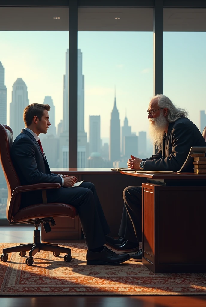 A young 2 CA in Luxurious CA Firm office sitting on chair talking with 
Luca Pacioli (founder of Accounting) sitting in front realistic image