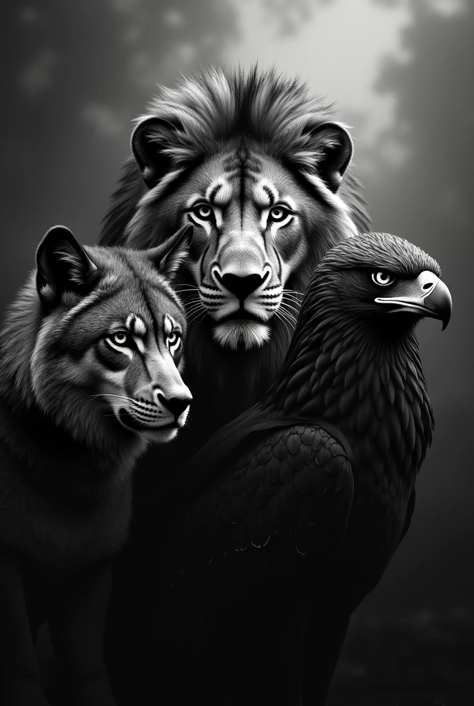 Image Description: fund: The background can be a dramatic natural environment, to highlight the majesty of the animals. Every image must be between shades of black, gray and white. Use deep, contrasting colors, like shades of black, gray to create an imposing environment. wolves: Position only the wolf&#39;s head on the left of the image. The head must be held high and the gaze intense., proud and confident. Its fur can be represented in shades of dark gray and light gray., with a slight shine to highlight its grandeur. Lion: Place only the lion&#39;s head in the center, which is the main focus of the image. The lion must be in a with a voluminous and well-detailed mane. Use shades of dark gray and light gray to emphasize the lion&#39;s royalty and strength.. Eagle: The eagle only the gourd should be positioned on the right. The eagle&#39;s gaze must be penetrating and steady, with detailed feathers in shades of dark gray and light gray, to convey a sense of surveillance and power. Additional Detail: Lighting: Use dramatic lighting to highlight each animal, creating shadows and lights that accentuate its features and imposing presence. Composition: Ensure that the composition of the image creates a visual balance between the three animals., with the lion in the center serving as the focal point. The other animals should be arranged in such a way as to complement and reinforce the centrality of the lion.. This description should help create an image that conveys respect and grandeur., capturing the essence of each animal in a majestic and impactful way.