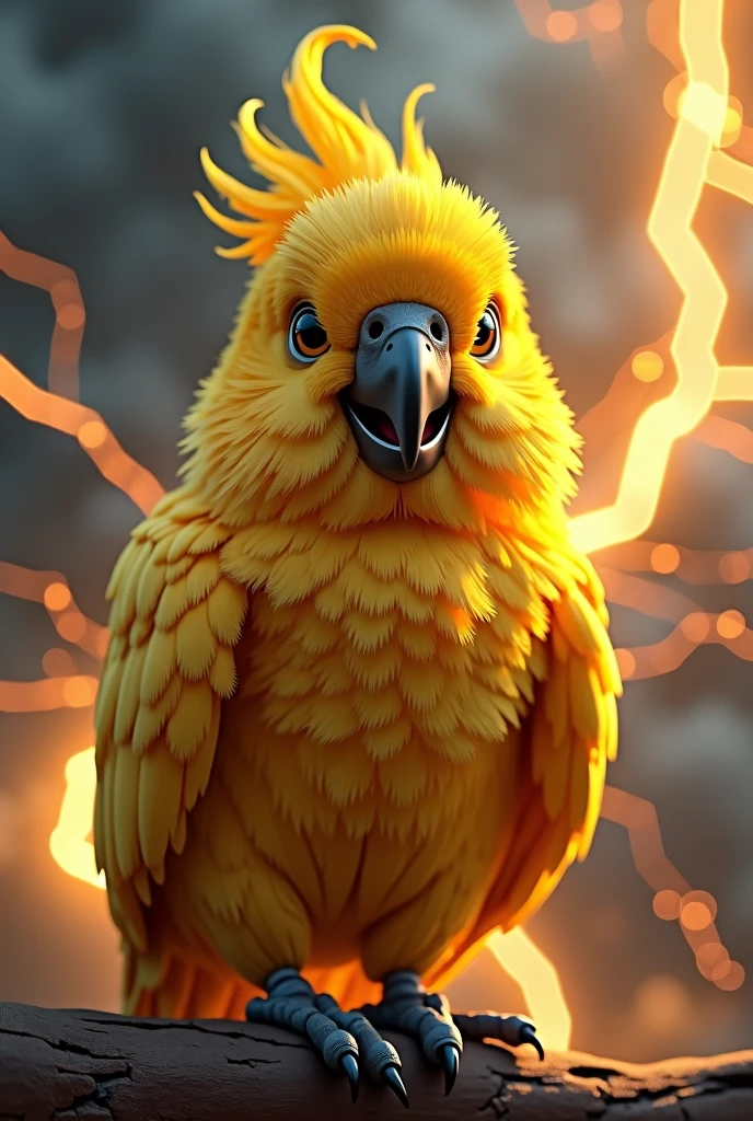 make a gold parrot, smilyng and put thunder arround this bird