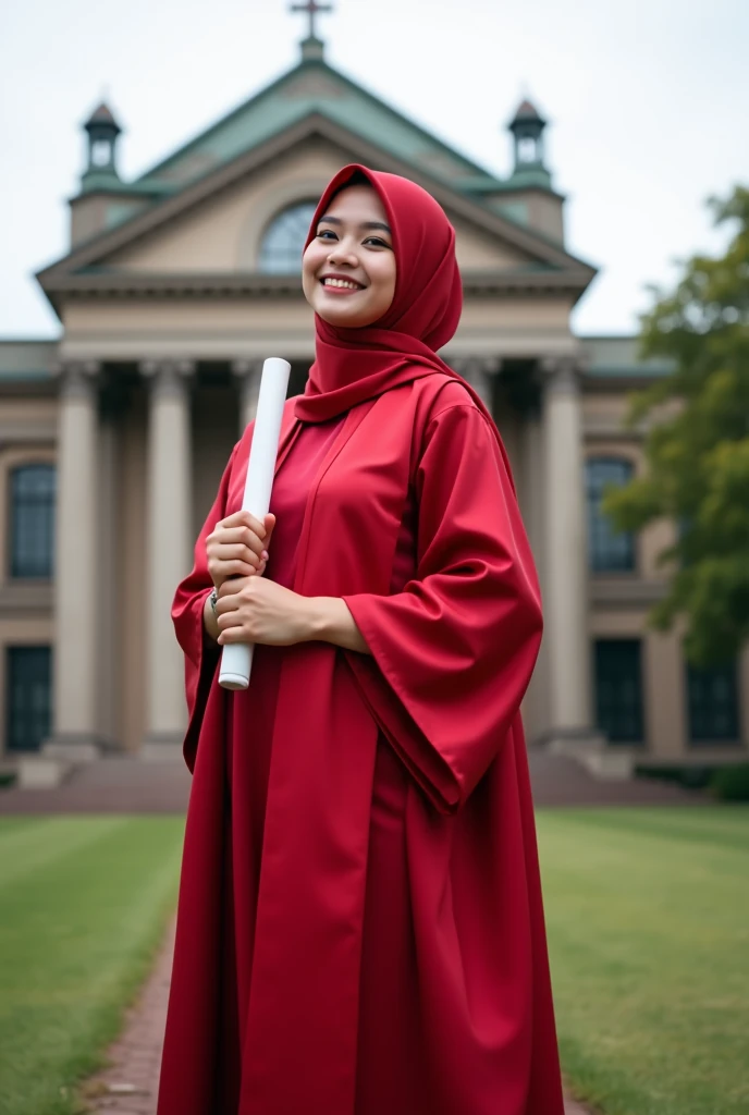 A girl who is graduating wearing a red kebaya and toga and wearing a red headscarf carrying a diploma in her hand, and wearing a bachelor&#39;s degree graduation sash in front of the university building 
