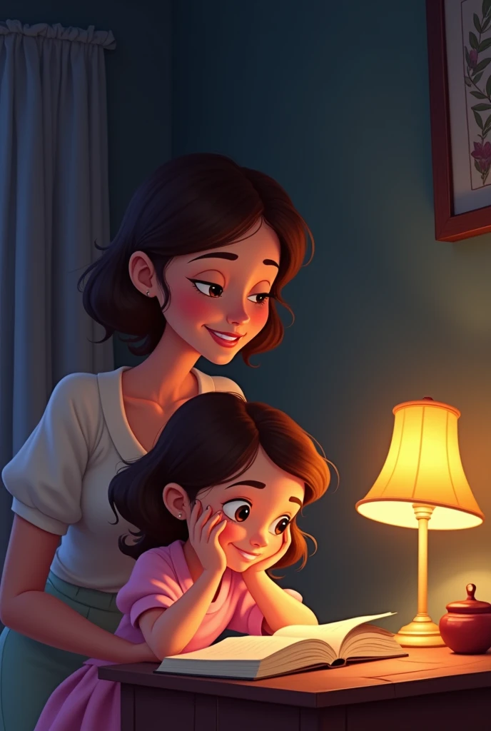 Portrait of a mother standing watching a child in a pink dress studying by the light of a lamp at night(
girl). disney
cartoon type
