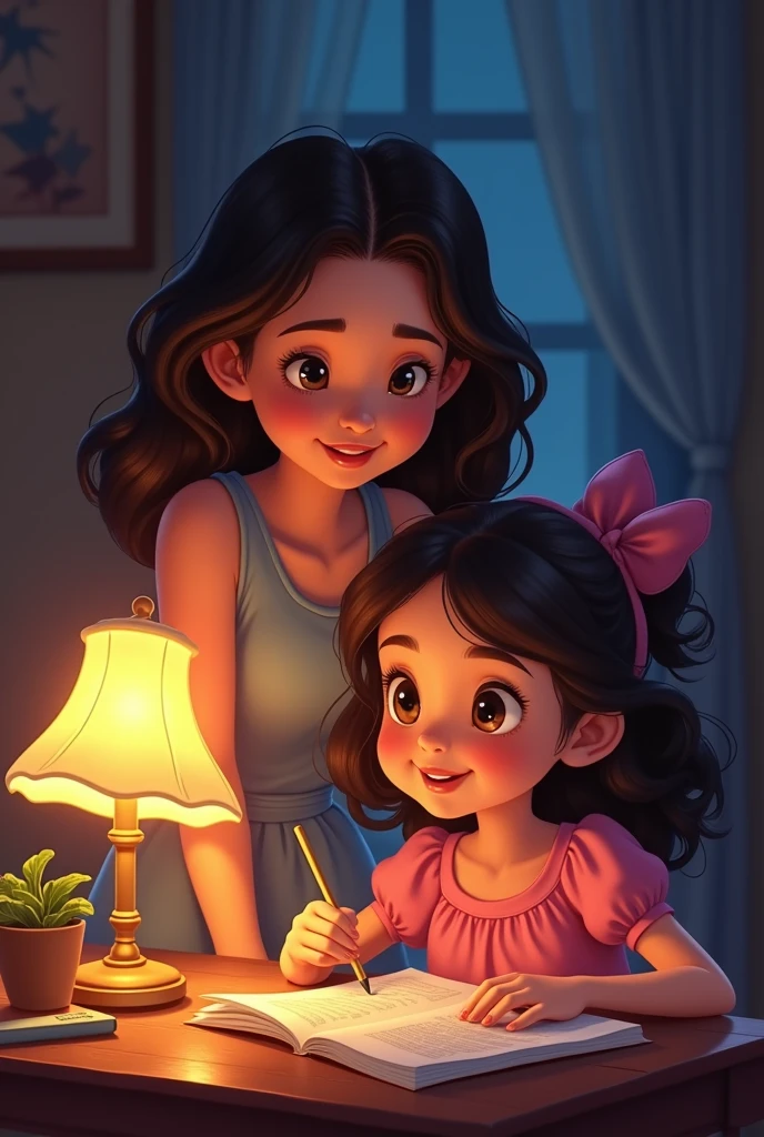 Portrait of a mother standing watching a child in a pink dress studying by the light of a lamp at night( 
girl). disney 
cartoon type 