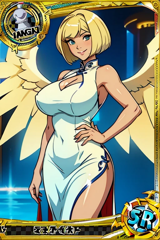 trading card, angel, sexy pose, big breasts, curvy, smile, bob haircut, sexy china dress, blonde, big eagle wings, halo
