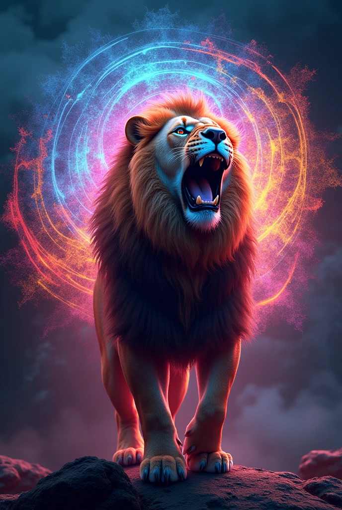 Lion with sound waves coming out of his mouth in the form of colorful cymatics