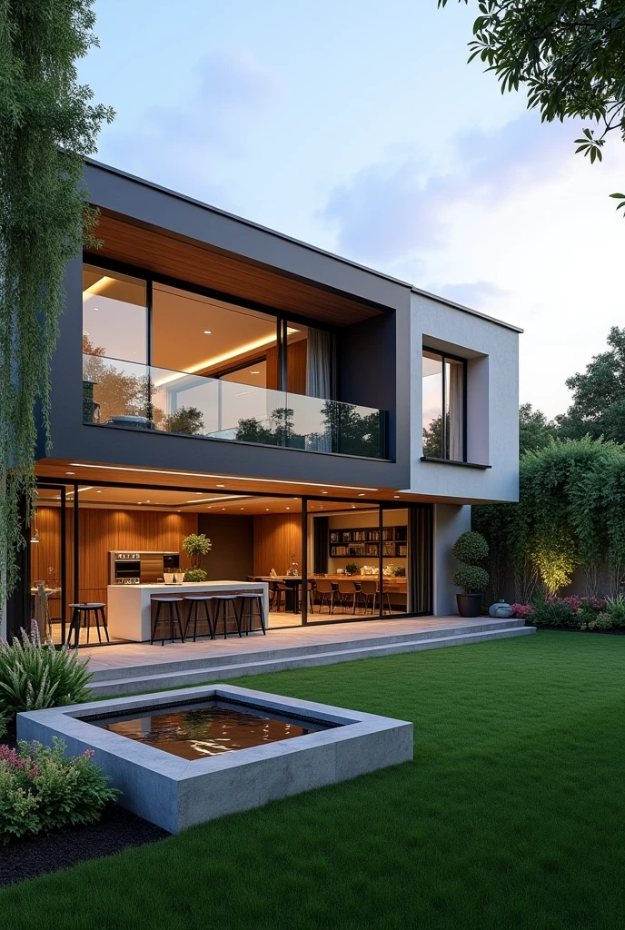 The project of a house on a 420 square meter plot. Modern two-story house. Grassy backyard with jacuzzi and garden, Gourmet area with barbecue and table to receive friends. Lighting in the garden and green area with hanging plants.