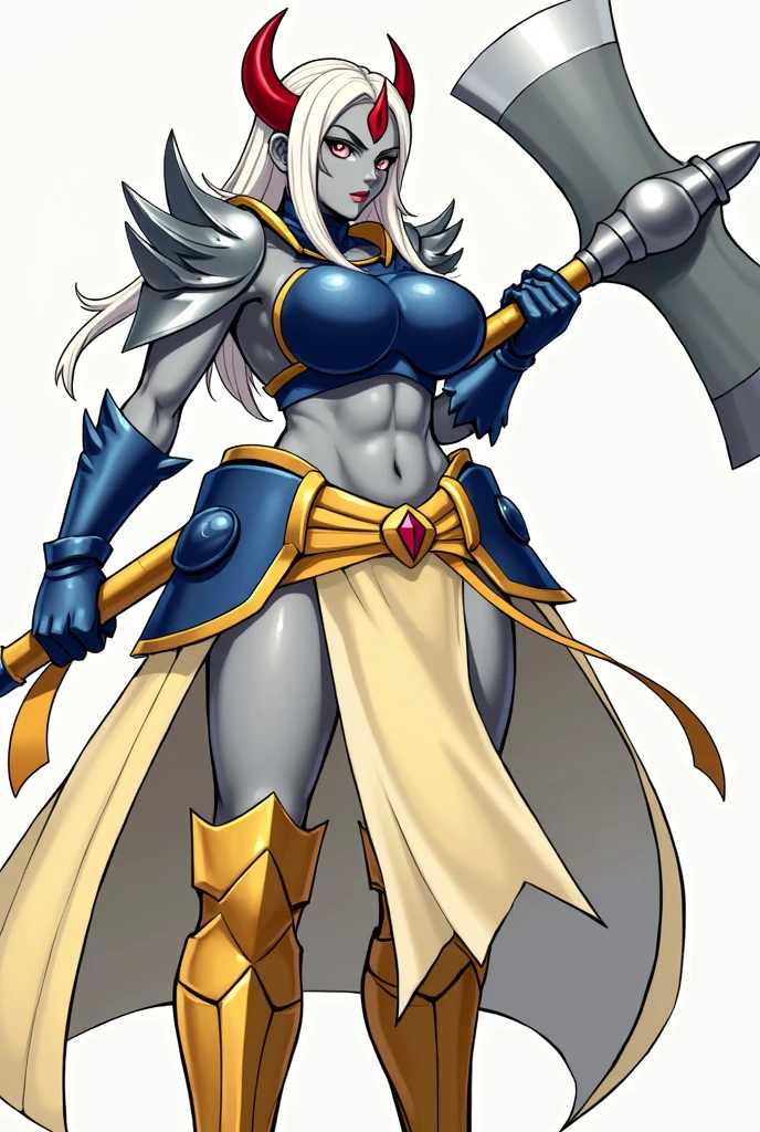 Female warrior gray skin, long white hair, red horn on the right side, anime style, with blue and silver armor, in battle stance with an axe in hand, Have big breasts