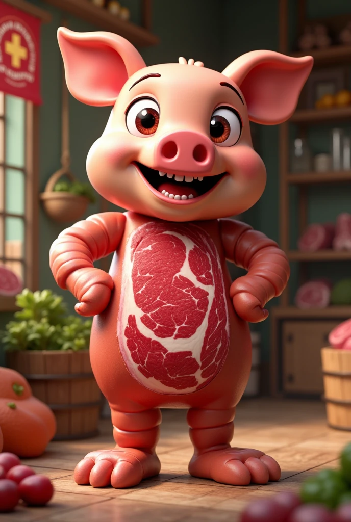 create an animated meat mascot with the logo of the supermarket CASA DE CARNES DO CAMPO