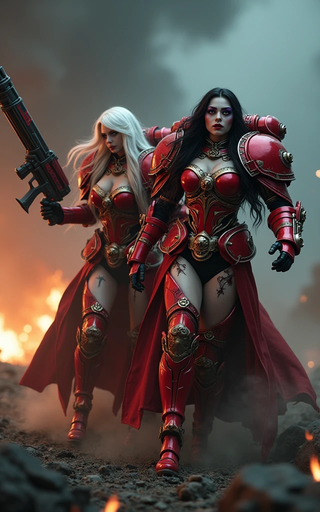 Full body pose sexy sisters of battle from the warhammer 40k, shooting at the enemy, red space marine armor with intricate details, religous symbols on the armor, sisters of battle, warhammer 40k, Massive silicone breast, pale skin, seductive, temptation, eat your soul, clevage, long white flowing hair with red highlights, long black flowing hair with purple highlights, heavy gothic makeup, at night, neon, beautiful detailed eyes, beautiful detailed lips, extremely detailed eyes and face, long eyelashes, highly detailed armor, intricate futuristic weaponry, dramatic lighting, cinematic composition, muted color palette, gritty and realistic, mecha, science fiction, hyper-detailed, photorealistic, award winning digital art, 8k, HDR, masters work, in the middle of a battle field, full body combat action pose, explosions and fire around, full war, stunning, Stilleto heels, high heels, full body pose, cinematic, movie trailer, final stand!, nemesis, ready to strike, dust and debree, combat screams, attacking, shooting at the enemy, running forward, last line of defense, charging, fanatic, religious, templar knights, sisters of battle, warhammer 40k