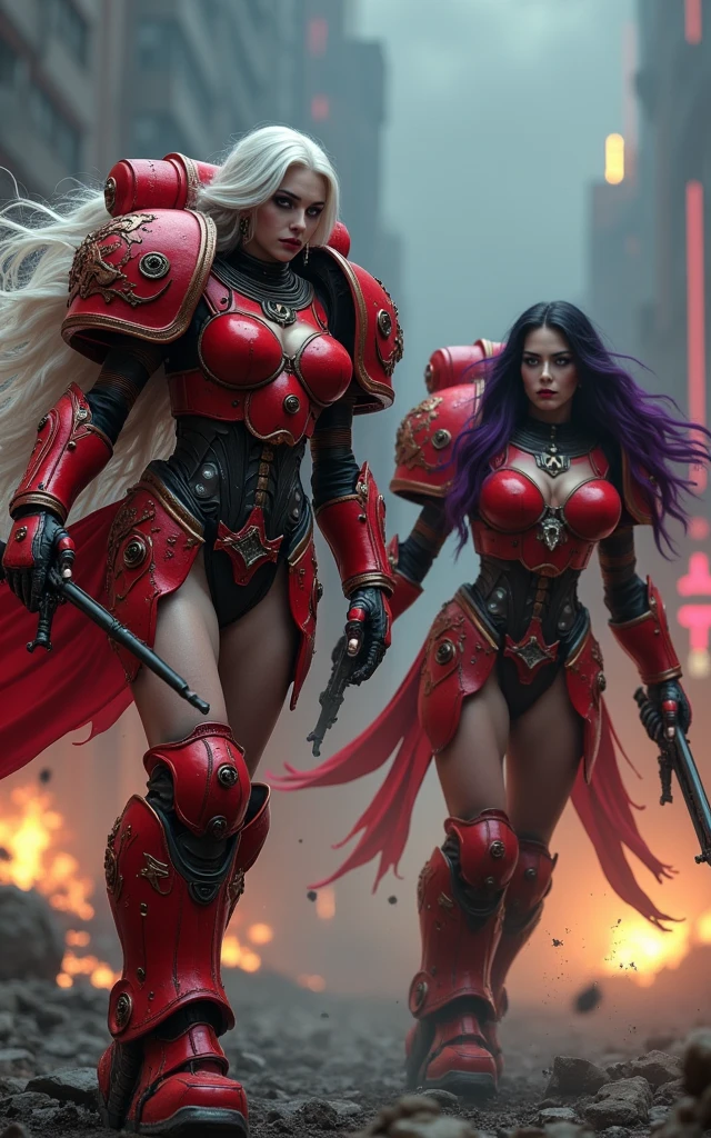 Full body pose sexy sisters of battle from the warhammer 40k, shooting at the enemy, red space marine armor with intricate details, religous symbols on the armor, sisters of battle, warhammer 40k, Massive silicone breast, pale skin, seductive, temptation, eat your soul, clevage, long white flowing hair with red highlights, long black flowing hair with purple highlights, heavy gothic makeup, at night, neon, beautiful detailed eyes, beautiful detailed lips, extremely detailed eyes and face, long eyelashes, highly detailed armor, intricate futuristic weaponry, dramatic lighting, cinematic composition, muted color palette, gritty and realistic, mecha, science fiction, hyper-detailed, photorealistic, award winning digital art, 8k, HDR, masters work, in the middle of a battle field, full body combat action pose, explosions and fire around, full war, stunning, Stilleto heels, high heels, full body pose, cinematic, movie trailer, final stand!, nemesis, ready to strike, dust and debree, combat screams, attacking, shooting at the enemy, running forward, last line of defense, charging, fanatic, religious, templar knights, sisters of battle, warhammer 40k