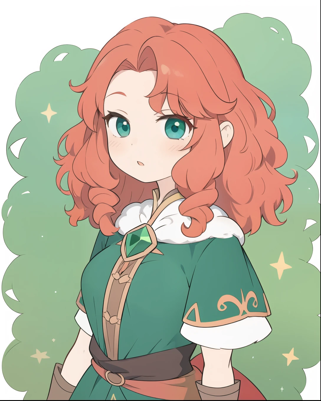 (masterpiece, best quality:1.1), 1girl, solo, (flat color:1.1), (merida:1.1), from disney's brave, emerald and gold, curly red hair, medium breasts, afro, long green dress, blue eyes, (simple background:0.3), (solid circle eyes:0.7)