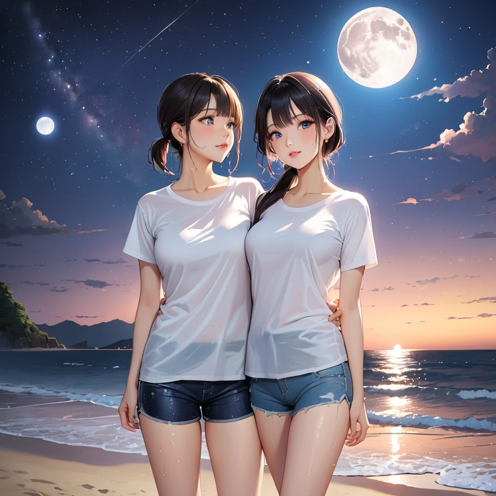 (masterpiece,of the highest quality,超High resolution),Japanese woman, (((very beautiful 2 girl))), pretty girl、look at the photographer、 ((beautiful low ponytail)), super cute face, bright lips, Double eyelids on both eyes.,Natural smile、 Natural makeup, long eyelashes, Shiny and soft hair、central image, perfect limbs, perfect anatomy,(((long t-shirt with denim shorts)))、,(wet with sweat),, backwards, looking at the sky, sky stars, at night, on the beach, waning quarter moon
