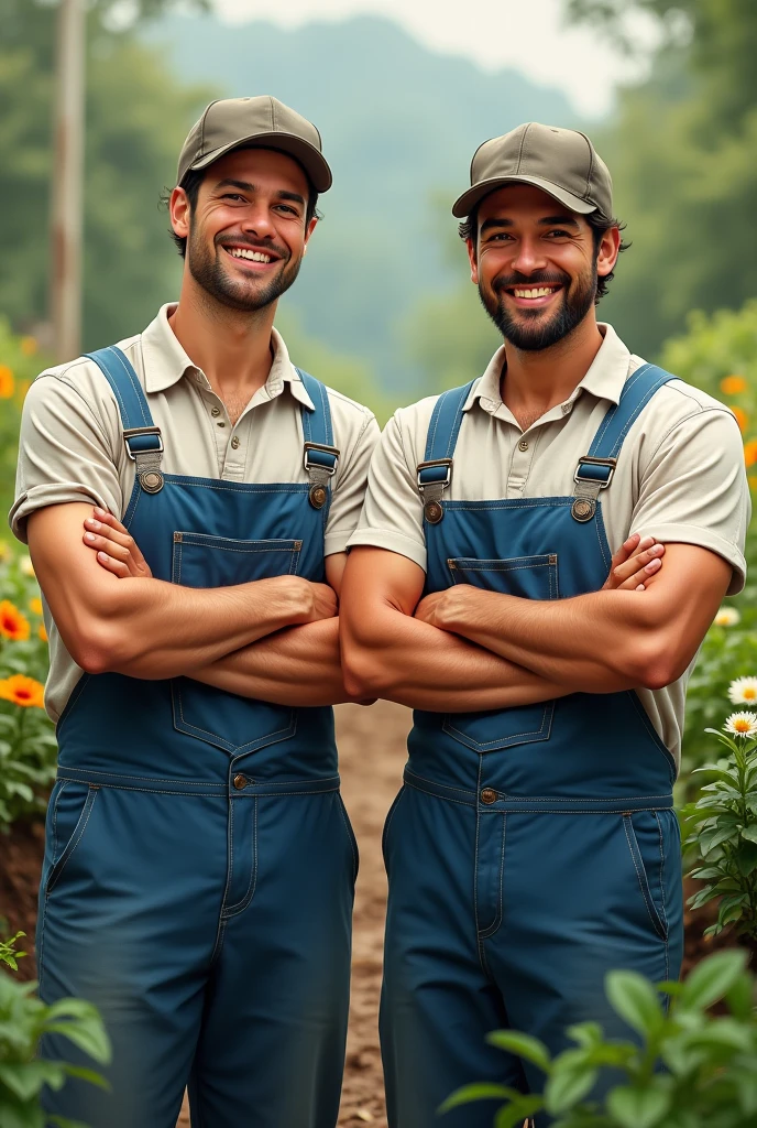 2 man,flower worker,with overalls,cap.delgado,Crossed arms,smiling ,sweaty,only one person