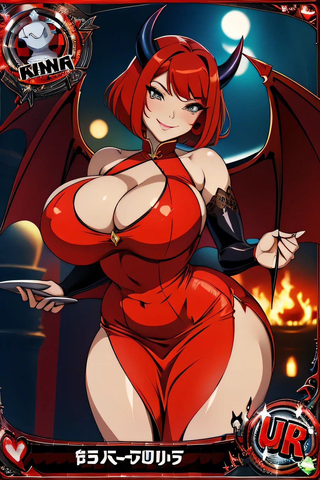 trading card, devil, sexy pose, big breasts, curvy, smile, bob haircut, sexy china dress, redhead, bat wings, horns, in middle hell
