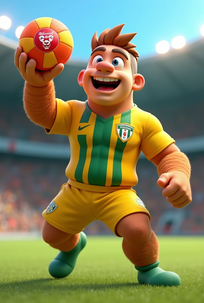 Make a picture of a churro (food) in 3D animation, This churro must be playing a soccer game, You have to have a happy face, must have the Atlético Bucaramanga uniform, the shirt is yellow, with three green lines vertically and the shield is half yellow and half green and in the middle of it has a white jaguar roaring, The shorts are yellow and have green edges on the right side and have a jaguar., The ball must be orange and red and must say churfruits, The churro must be lifting the ball, The churro should be big and a little muscular and has to have masculine features. 