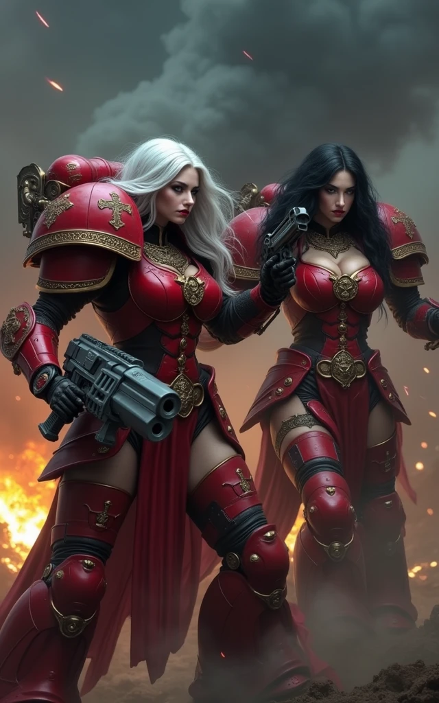 Full body pose sexy sisters of battle from the warhammer 40k, shooting at the enemy, red space marine armor with intricate details, religous symbols on the armor, sisters of battle, warhammer 40k, Massive silicone breast, pale skin, seductive, temptation, eat your soul, clevage, long white flowing hair with red highlights, long black flowing hair with purple highlights, heavy gothic makeup, at night, neon, beautiful detailed eyes, beautiful detailed lips, extremely detailed eyes and face, long eyelashes, highly detailed armor, intricate futuristic weaponry, dramatic lighting, cinematic composition, muted color palette, gritty and realistic, mecha, science fiction, hyper-detailed, photorealistic, award winning digital art, 8k, HDR, masters work, in the middle of a battle field, full body combat action pose, explosions and fire around, full war, stunning, Stilleto heels, high heels, full body pose, cinematic, movie trailer, final stand!, nemesis, ready to strike, dust and debree, combat screams, attacking, shooting at the enemy, running forward, last line of defense, charging, fanatic, religious, templar knights, sisters of battle, warhammer 40k