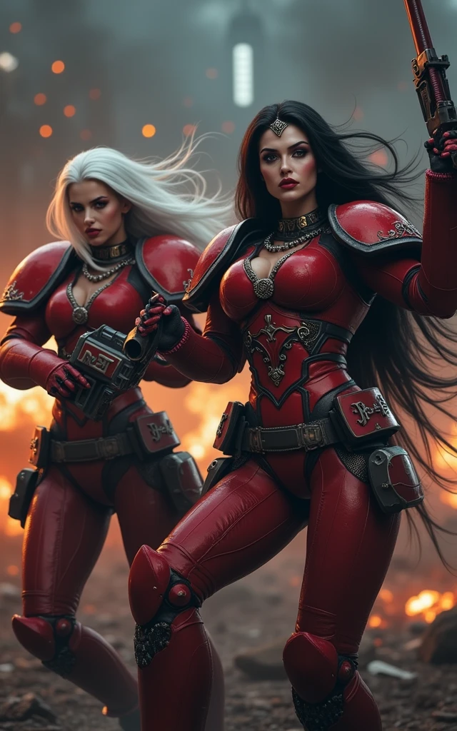 Full body pose sexy sisters of battle from the warhammer 40k, shooting at the enemy, red space marine armor with intricate details, religous symbols on the armor, sisters of battle, warhammer 40k, Massive silicone breast, pale skin, seductive, temptation, eat your soul, clevage, long white flowing hair with red highlights, long black flowing hair with purple highlights, heavy gothic makeup, at night, neon, beautiful detailed eyes, beautiful detailed lips, extremely detailed eyes and face, long eyelashes, highly detailed armor, intricate futuristic weaponry, dramatic lighting, cinematic composition, muted color palette, gritty and realistic, mecha, science fiction, hyper-detailed, photorealistic, award winning digital art, 8k, HDR, masters work, in the middle of a battle field, full body combat action pose, explosions and fire around, full war, stunning, Stilleto heels, high heels, full body pose, cinematic, movie trailer, final stand!, nemesis, ready to strike, dust and debree, combat screams, attacking, shooting at the enemy, running forward, last line of defense, charging, fanatic, religious, templar knights, sisters of battle, warhammer 40k
