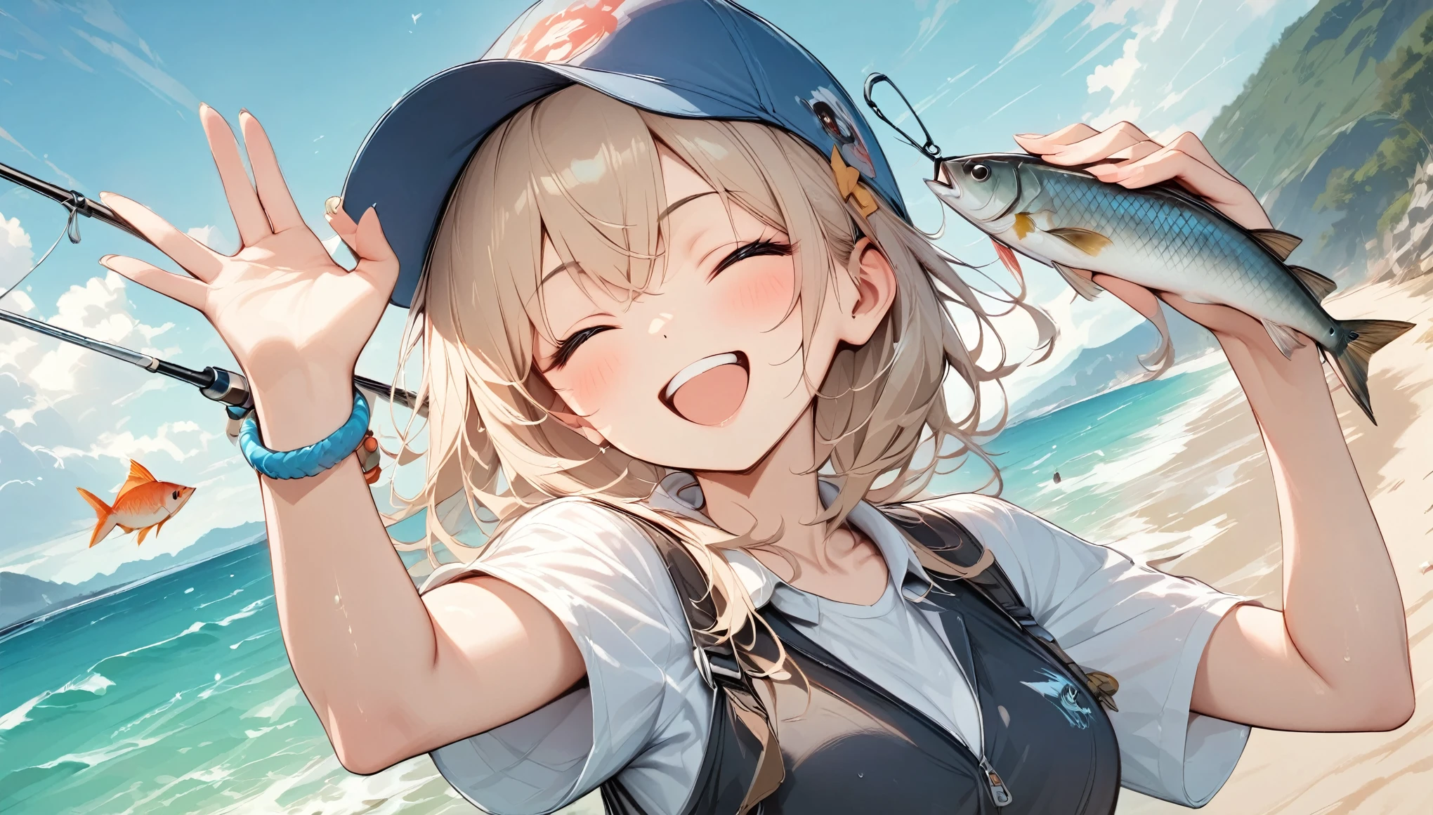 Light colors, ((Amazingly absurd)), Ultra high resolution, Attention to detail, High quality, High resolution, Top quality, 4k, 8K, Artwork, Highlight fishing rod and fish, Summer breakwater, Fishing girl, Black vest, Cap, Eyes closed, Big smiling mouth, Big smile after catching a fish, Angel smile, Rod in left hand, Fish in right hand