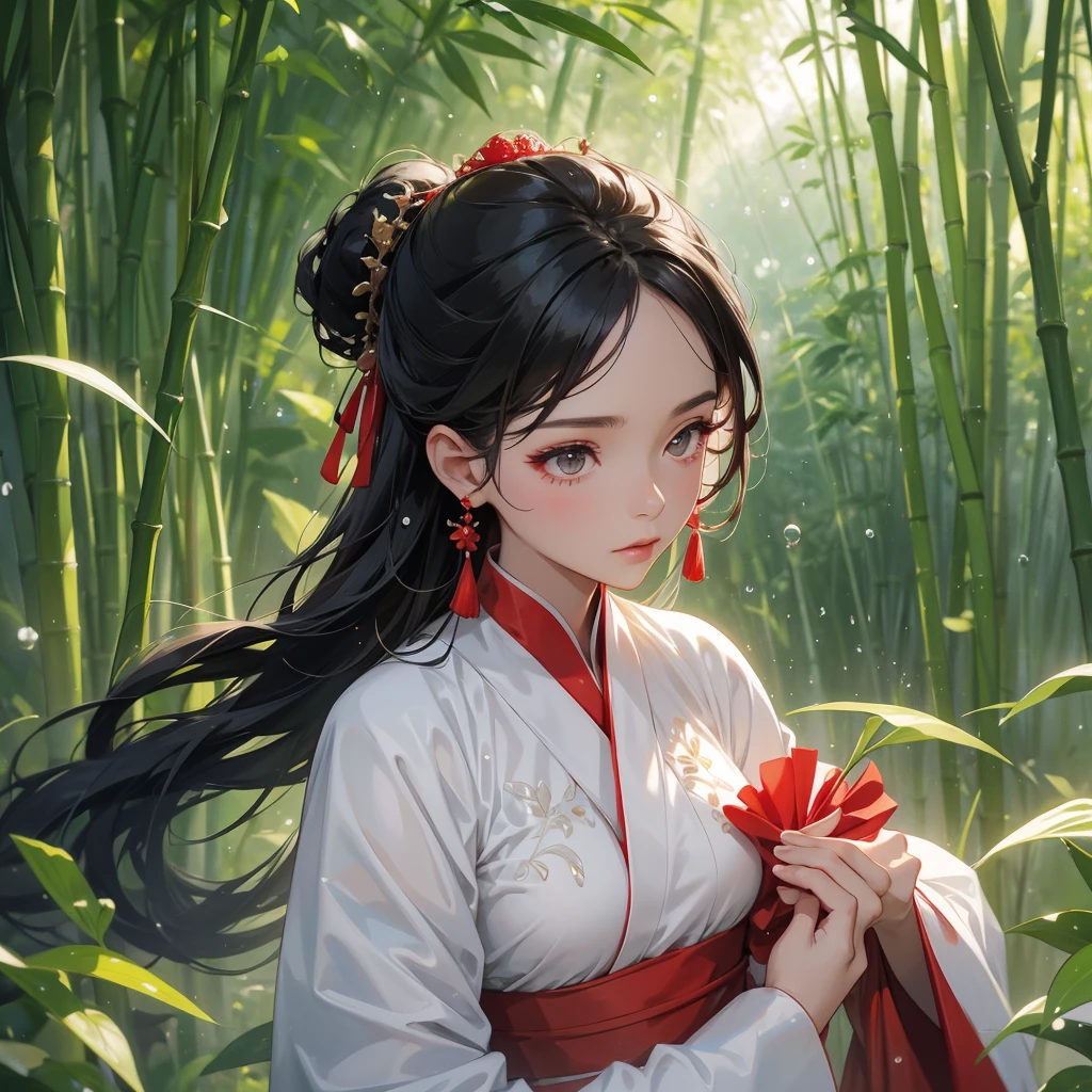 A black hair beautiful female in white-red hanfu dress , close up.
The back is a lush green bamboo forest. The air after rain has water droplets splashing around.