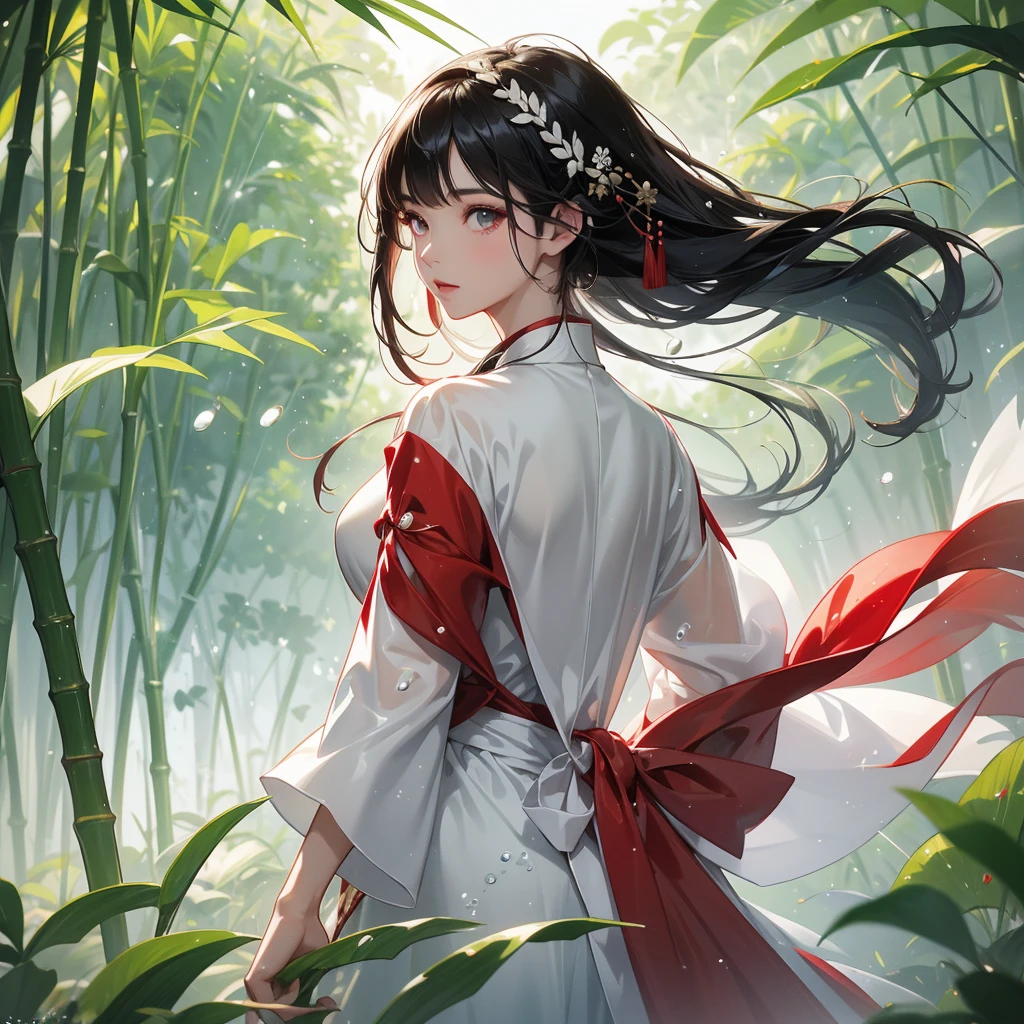 A black hair beautiful female in white-red hanfu dress , close up.
The back is a lush green bamboo forest. The air after rain has water droplets splashing around.