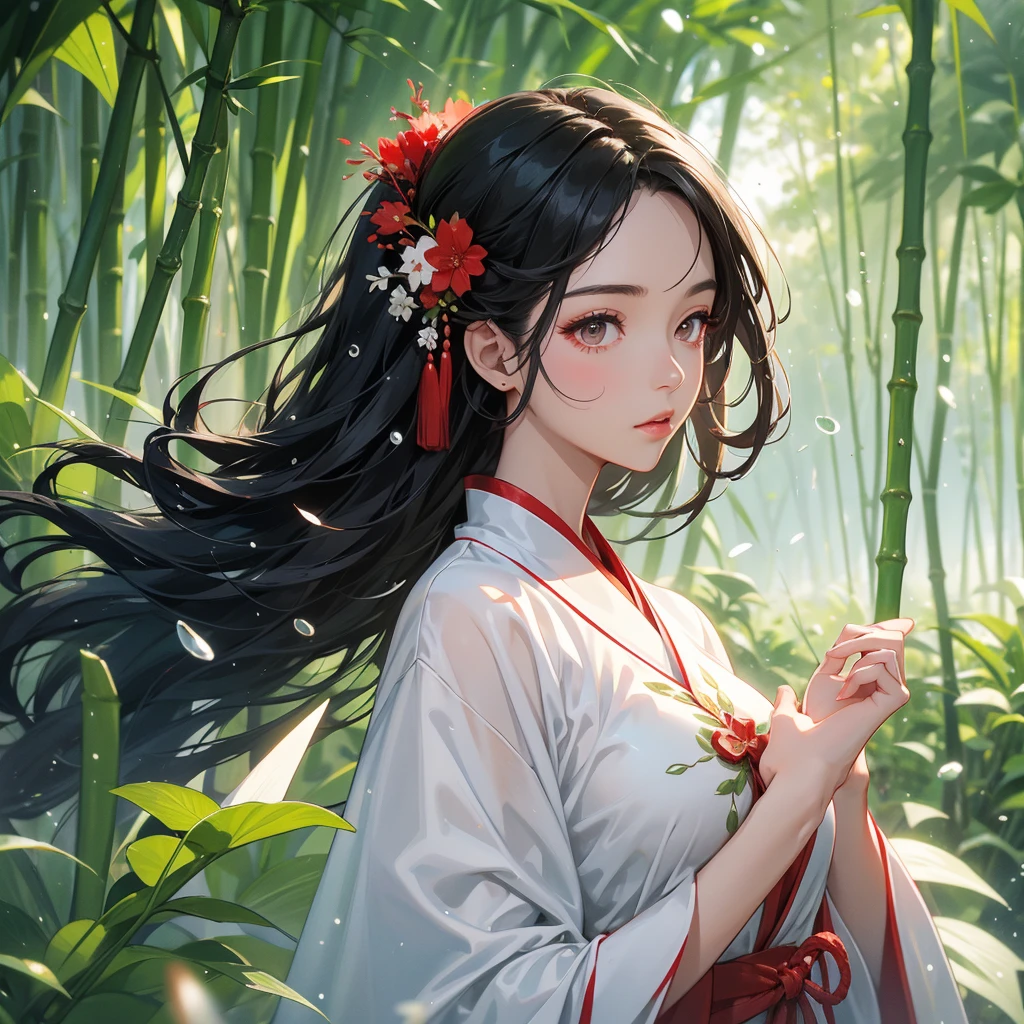 A black hair beautiful female in white-red hanfu dress , close up.
The back is a lush green bamboo forest. The air after rain has water droplets splashing around.