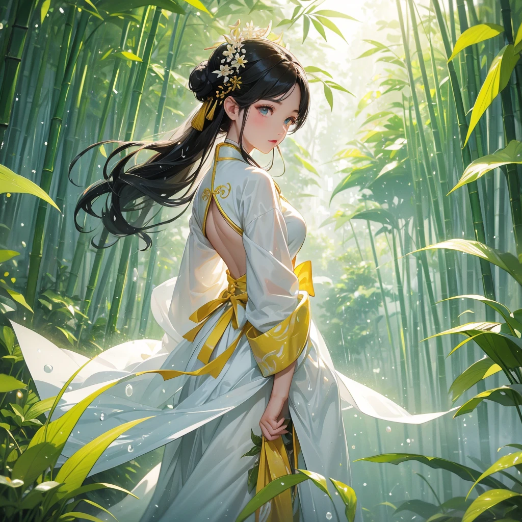 A black hair beautiful female in white-yellow hanfu dress , close up.

The back is a lush green bamboo forest. The air after rain has water droplets splashing around.